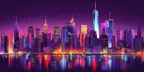 Obraz premium A vibrant cityscape at night, showcasing the iconic skyline with illuminated skyscraper