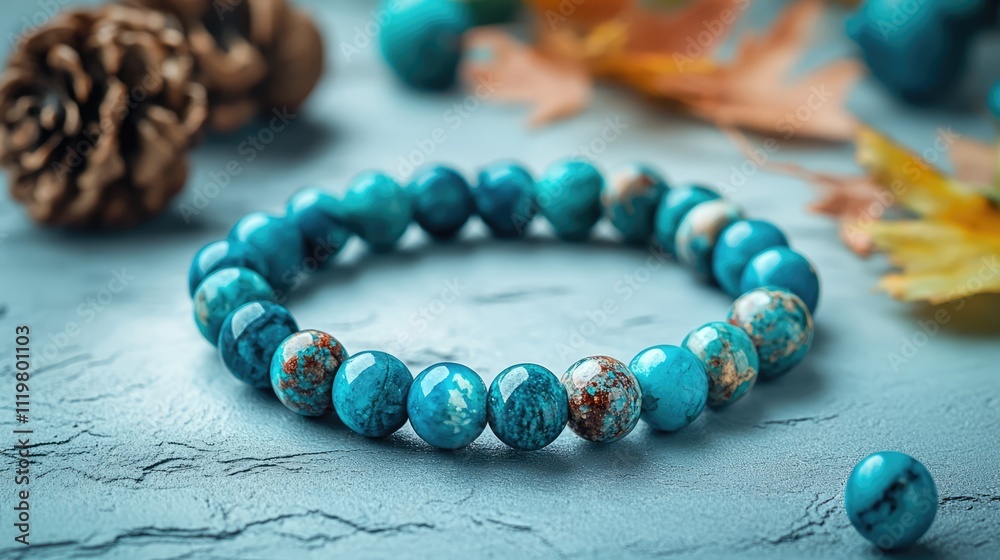 Canvas Prints Chrysocolla bracelet handmade from natural stones displayed on a modern background with autumn leaves and pine cones for a stylish touch