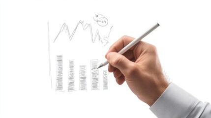 A male hand sketching a financial graph with a pen on a white background, symbolizing business growth and strategy.