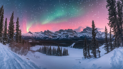 オーロラに包まれた雪山と冬の森
