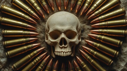 Circle of bullets surrounding a clay skull on textured background emphasizing military themes and contrasting elements of life and death