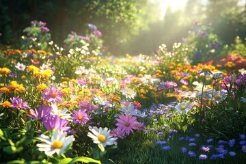 Obraz premium A vibrant garden filled with colorful wildflowers, bathed in the soft glow of sunlight, showcasing nature's beauty and diversity.
