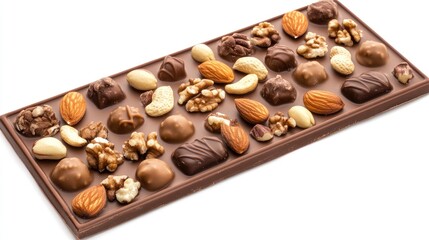 Nuts chocolate bar with assorted nuts on a chocolate base isolated on white background showcasing a delicious confectionery treat