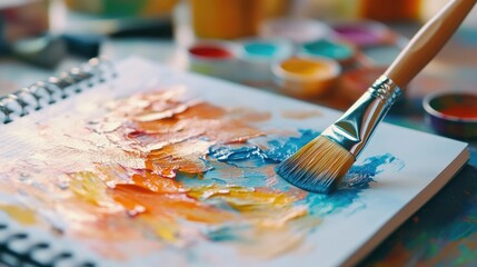 Obraz premium Creative workspace concept with paint brush and colorful palette on notebook showcasing vibrant wall sample designs for architects and designers
