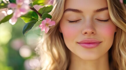Fototapeta premium Young woman with blonde hair and closed eyes smiling gently in a blooming garden with apple trees and a pink flower on her lips.