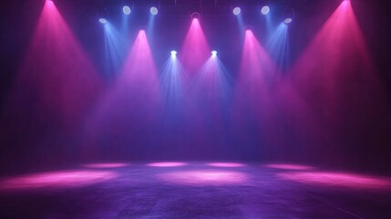 An empty stage illuminated by colorful pink and blue lights, creating an energetic and vibrant atmosphere.