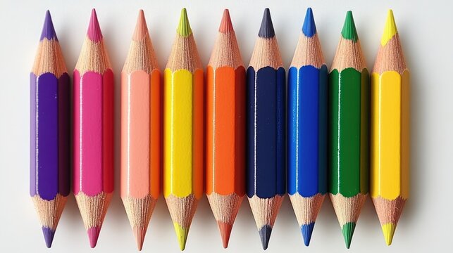 Vibrant collection of colored pencils arranged neatly in a row, showcasing a variety of hues including pink, orange, green, blue, and yellow, art supplies, creativity, education, crafting.