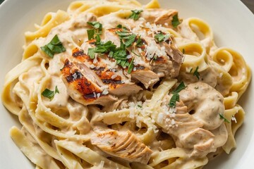 Creamy chicken Alfredo pasta with fettuccine noodles, garnished with grated Parmesan cheese and chopped parsley.