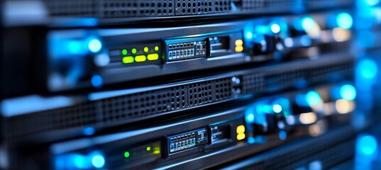 Naklejka premium Close Up View of Modern Server Rack in Data Center, Servers Stacked in Rows With Blue Light