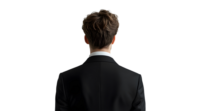 Professional studio portrait capturing the back view of a businessman with brown hair wearing a black tailored suit, photographed against a pure white background in commercial style.