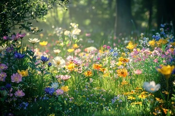 Obraz premium A vibrant garden filled with colorful wildflowers, bathed in the soft glow of sunlight, showcasing nature's beauty and diversity.