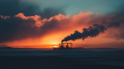 Silhouetted oil pump against a dramatic cloudy sunset with vibrant colors reflecting on the horizon in an industrial oilfield setting