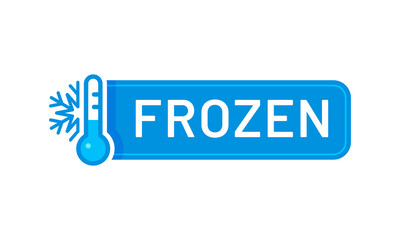 Frozen product, ice crystal blue icon or badge. Deep freezing fish packaging isolated vector tag or label. Frozen food product keep cold or refrigerated meat of seafood blue icon with thermometer