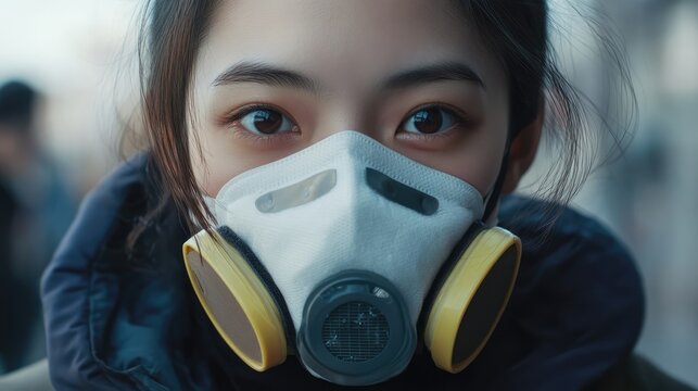 Young woman in a particulate filter respirator protecting against airborne pollutants and diseases during urban outdoor activity