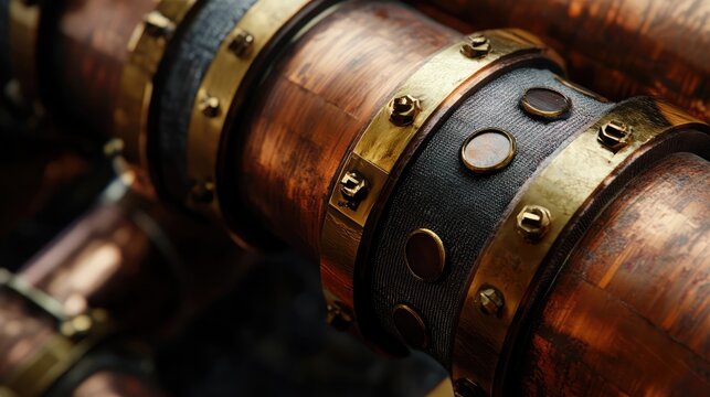 Copper and brass pipework detail with polystyrene wrapping and welding traces in a propane heating system installation