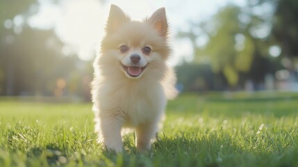Fototapeta premium Adorable German Spitz puppy joyfully playing on green grass in a sunny summer park capturing the essence of purebred canine happiness