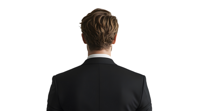 Professional studio portrait capturing the back view of a businessman with brown hair wearing a black tailored suit, photographed against a pure white background in commercial style.