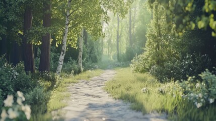Obraz premium Trampled dirt path winding through a lush green spring forest, sunlight filtering through trees, creating an inviting morning ambiance, nature, tranquility, outdoor exploration.