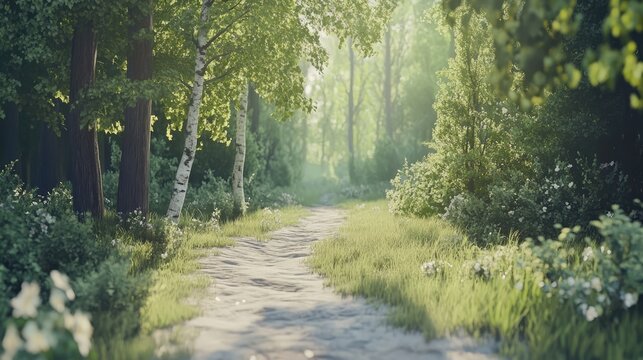 Trampled dirt path winding through a lush green spring forest, sunlight filtering through trees, creating an inviting morning ambiance, nature, tranquility, outdoor exploration.