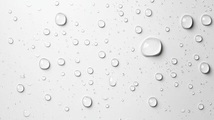 Close-up of transparent water droplets on a light gray background, showcasing a clean and refreshing aesthetic.