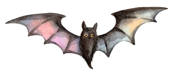 Handcrafted watercolor illustration of a vibrant bat with colorful wings in shades of pink, blue, and yellow. Ideal for Halloween designs, kids' decor, and creative projects.
