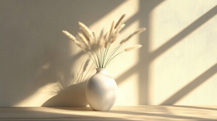 Aesthetic still life of a ceramic vase with bunny tail grass casting shadows on a table in a cozy Scandinavian interior design setting.