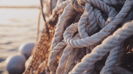 Fototapeta premium Closeup of tangled fishing nets with white ropes and cork floats on a tranquil water background during sunset light