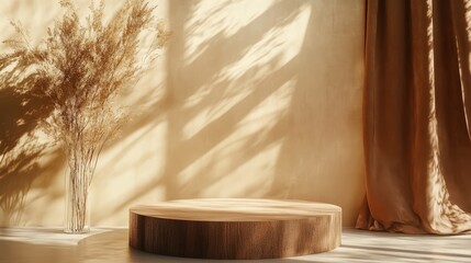Fototapeta premium Wooden podium with dried plants and brown fabric curtains casting shadows on a luxurious golden background creating an elegant interior aesthetic