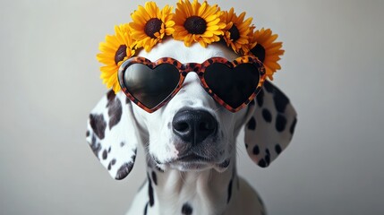 Dalmatian dog adorned with heart-shaped sunglasses and a vibrant sunflower crown, set against a light background, ideal for pet photography, animal portrait, cute pets.