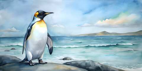 Fototapeta premium Majestic King Penguin by the Ocean Shore. A Watercolor Painting