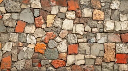 Colorful stone wall texture featuring irregularly shaped bricks in warm earthy tones suitable for background imagery or design elements.