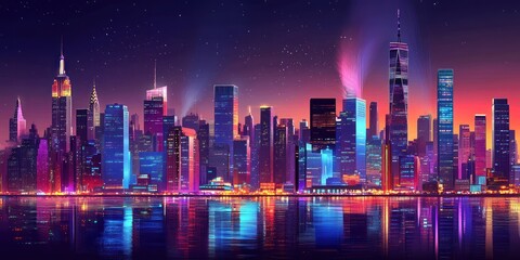 A vibrant cityscape at night, showcasing the iconic skyline with illuminated skyscraper