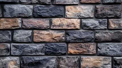 Fototapeta premium Textured wall of weathered stone bricks in various shades creating a rustic and durable building exterior aesthetic.