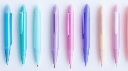 Pastel colored ballpoint pens arranged in a straight line, isolated on a clean white background, perfect for office supplies, stationery, writing instruments, minimalistic design.