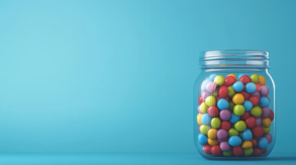 Colorful candy jar filled with vibrant sweets against blue background
