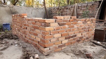 Bricklaying Construction Process of a Brick Wall in a Rural Setting with Natural Background and Uneven Ground