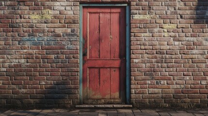 Abandoned brick wall with a bricked up red door and textured cinder block exterior showcasing weathered urban architecture