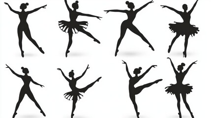 Silhouettes of graceful female dancers showcasing various ballet poses against a white background.