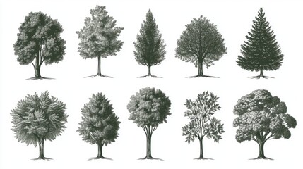 Fototapeta premium A collection of ten detailed tree illustrations showcasing various species in monochromatic tones.