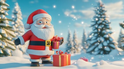 Obraz premium Santa Claus and gifts flat design front view North Pole theme 3D