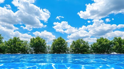 Fototapeta premium Vibrant blue swimming pool with lush green trees under a picturesque cloudy sky Ideal for summer relaxation and vacation themes