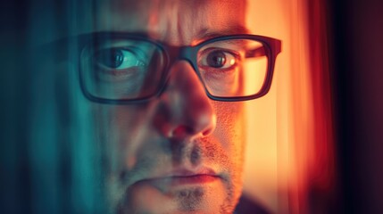 Businessman with glasses focused on laptop screen surrounded by colorful light reflections in a creative office setting
