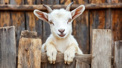 Adorable baby goat kid peering over wooden fence in livestock farm pen, with soft fur and playful expression, domestic animal portrait, farm life, animal lovers.