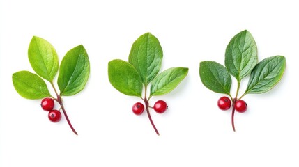 Fresh cowberry leaves with ripe red berries arranged in three sections on a clean white background, botanical, nature, food illustration, vibrant colors, natural texture.