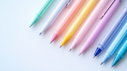 Fototapeta premium Pastel colored ballpoint pens arranged in a row on a clean white background, featuring a variety of soft hues, stationery, office supplies, creativity, writing tools.