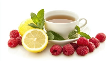 Refreshing cup of tea with lemon raspberries and mint leaves beautifully arranged on a saucer against a clean white background