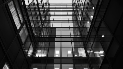 Modern architectural design of a glass office building showcasing intricate structure and reflections in a black and white perspective.