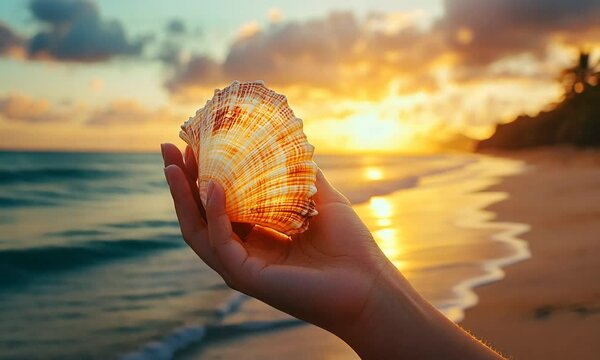 A hand holds a beautiful shell against a sunset backdrop by the ocean.