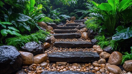  Stone steps in lush, rain-wet tropical garden.