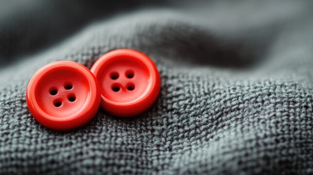 Bright red buttons on gray fabric with a blurred background highlighting fashion and textile design elements.
